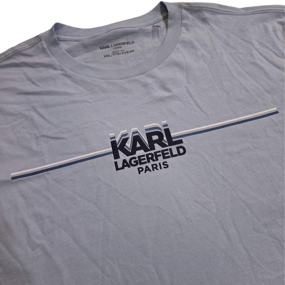 Karl Lagerfeld Mens T-Shirt Light Blue Graphic Logo Stripe Cotton XXL